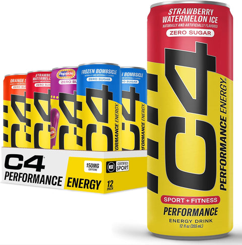 C4 Performance Energy Drink, Cherry Popsicle, Zero Sugar Carbonated Preworkout Energy, 200mg Caffeine with Beta Alanine, 16 Fl Oz (12 Pack)