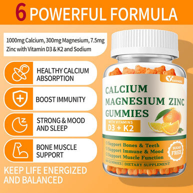 (2 Pack) Calcium Magnesium Zinc Gummies With Vitamin D3 & K2 - Sugar Calcium Gummies For Women And Men - Bone & Immune Support - Non-Gmo, Gluten-Free, Orange Flavored - 120 Count
