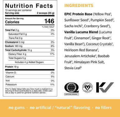 Sprout Living Epic Protein Powder, Vanilla Lucuma Flavor, Organic Plant Protein, Gluten Free, No Additives, 19 Grams Clean Vegan Protein (1 pound,13 servings)