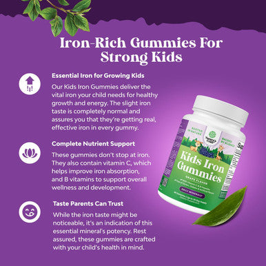 Natures Craft Tasty Kids Multivitamin with Iron Gummy - Gentle Iron Gummies for Kids and Toddlers with Vitamin C & B Complex - Non Constipating Iron Supplements for Kids - Vegan Non GMO & Gluten (60 Count)