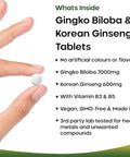 Ginkgo Biloba And Korean Ginseng Tablets 7000Mg Ginkgo Biloba Herbal Supplements & 600Mg Panax Ginseng High Strength Ginseng Extract Enriched With Vitamin B3 and B5 360 Vegan Tablets
