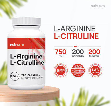 Nui Nutra L-Arginine L-Citrulline Supplement | 750mg | 200 Capsules | Boost Nitric Oxide | Supports Endurance & Athletic Performance | Promotes Energy