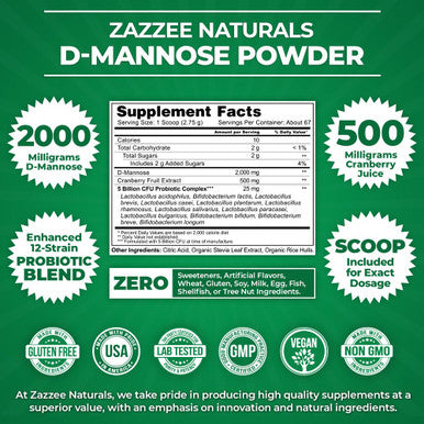 Zazzee D-Mannose Powder Plus, 2000 Mg, 67 Servings, Potent & Fast-Acting, Plus 5 Billion Cfu Probiotics And Pure Cranberry Juice
