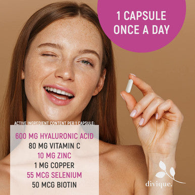 Divique Hyaluronic Acid Supplement 600mg per Capsule (500-700 KDA) - 3 Months Supply - Double Potency 90 Hyaluronic Acid Capsules - Vegan Fermented - Formula with Vitamin C Zinc Copper Selenium D-Biotine