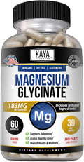 Kaya Naturals Magnesium Glycinate 183mg per Caps Chelated for Maximum Absorption NonGMO NO Gluten Dairy and Soy Supports Muscle and Heart Health 30 Count