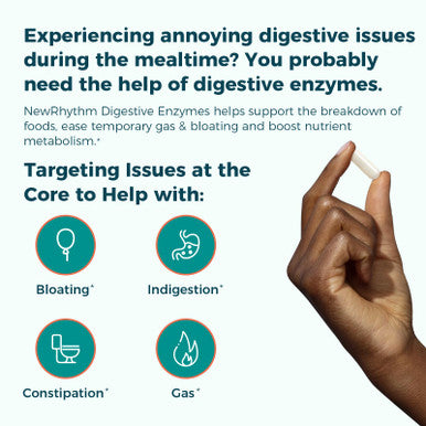 NewRhythm Digestive Enzymes 245 mg with Probiotics and Prebiotics Plant Based 7 Key Enzymes Digestion Nutrient Absorption Protease Amylase & Lipase 60 Vegan Capsules