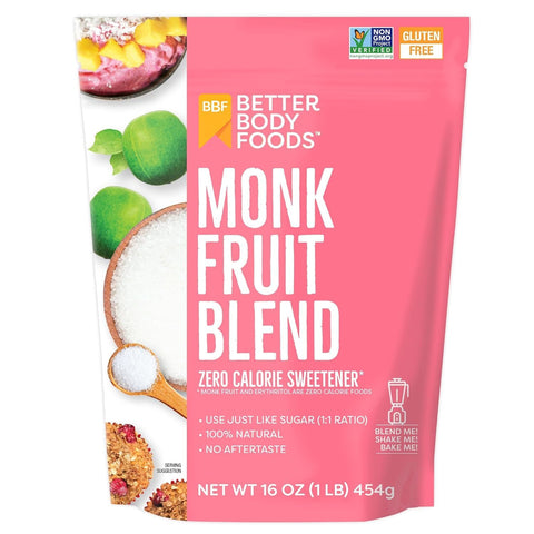BetterBody Foods Organic Monk Fruit Sweetener Blend, Raw Cane Sugar Substitute, Zero Calorie, Keto Diet Friendly, Zero Net Carbs, Zero Glycemic, Baking, Extract, Sugar Replacement, 1lb, 16oz