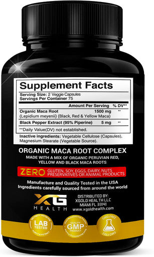 X Gold Health Organic Maca Root Powder Capsules 1500Mg With Black Red & Yellow Peruvian Maca Root Extract Gelatinized, Energy & Mood Supplement For Men & Women + Black Pepper For Best Benefits