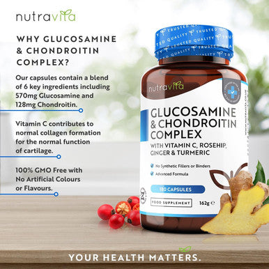 Glucosamine And Chondroitin Complex 180 High Strength Capsules Contributes To The Maintenance Of Normal Immune System With Vitamin C, Turmeric, Ginger And Rosehip Made In The Uk By Nutravita