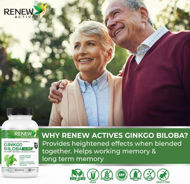 Renew Actives Ginkgo Biloba Brain Supplement With Red Panax Ginseng Extract, 50:1 Ratio For Max Performance - Supports Cognitive Function & Memory - 60 Capsules