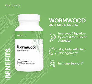 Nui Nutra Wormwood Supplement | 450mg | 100 Capsules | Immune & Digestive System Support | Powerful Antioxidant & Cleansing Properties | Gut & Liver Support
