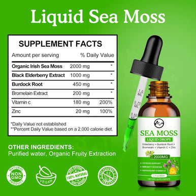 Sea Moss Liquid Drops - Irish Sea Moss 2000Mg With Elderberry, Burdock Root, Bromelain, Vitamin C And Zinc - 98 Essential Minerals Seamoss Supplement For Immune, Joint, Digestion, Aging Support - 2Oz