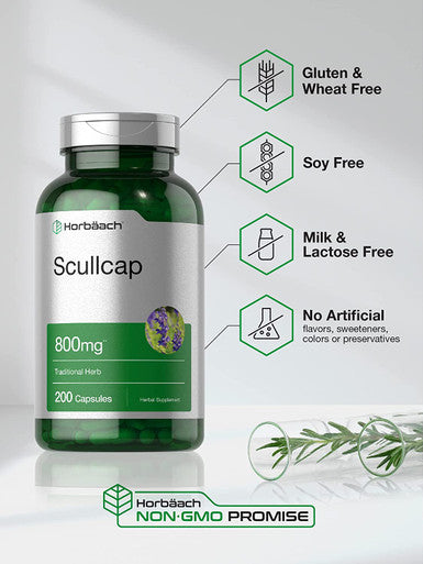Scullcap Capsules 800 mg 200 Count Max Potency Value Size Non GMO and Gluten Free Scullcap Herb Supplement Scutellaria Baicalensis by Horbaach