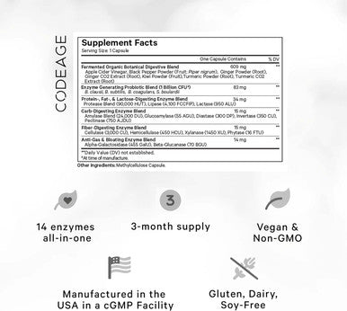 Codeage Fermented Digestive Enzymes Supplement 3-Month Supply - 14 Digestive Enzymes Probiotics Prebiotics Fermented Botanicals Plant-Based Multi Pancreatic Enzymes - 1 Capsule a Day - 90 Capsules