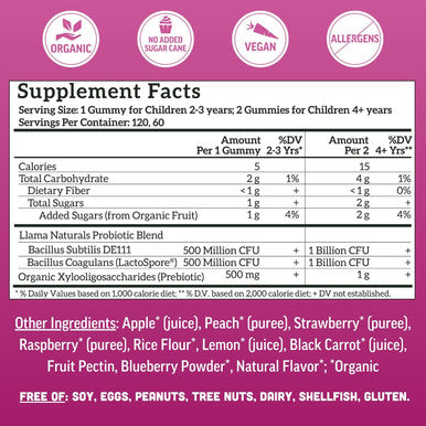 Llama Naturals Kids Probiotic with Prebiotic Fiber Vegan Organic Prebiotics and Probiotics Gummies for Gut Health Support Toddler Real Fruit Gummy Vitamins No Added Sugar Cane Mixed Berry 120 Ct