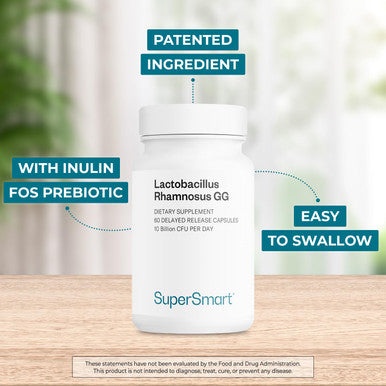 Supersmart Lactobacillus Rhamnosus GG 100 mg Per Day 10 Billion CFU Probiotic Strain Supplement Support Healthy Intestinal Vaginal Flora NonGMO Gluten Free 60 DR Capsules