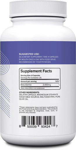 Nui Nutra Beta-Alanine Supplement | 3400mg | 100 Capsules | Helps Build Muscle Mass, Carnosine Levels, & Athletic Performance | Supports Muscular Endurance