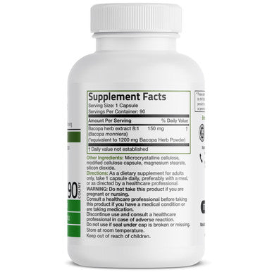 Bronson Bacopa (1200Mg Equivalent From 8:1 Extract) Supports Healthy Brain Function And Mental Performance, Traditional Herb, Non-Gmo, 90 Vegetarian Capsules