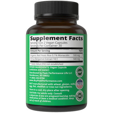 Peak Performance Citrus Bergamot + Red Yeast Rice. 2-In-1 Supplement. High Strength 10:1 Bergamot Extract. No Gluten, Zero Sugar