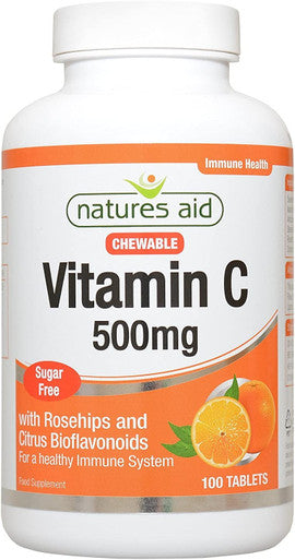 Natures Aid 500mg Vitamin C Sugar Free Chewable with Rosehips and Citrus Bioflavonoids Tablets - 100 Tablets (Pack of 5)