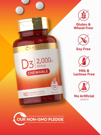 Carlyle Chewable Vitamin D3 2000 IU (50mcg) Tablets | 180 Count | Berry Flavor | Vegetarian Non-GMO and Gluten
