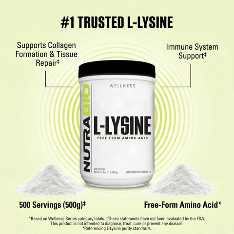 Nutrabio L-Lysine Powder 500G Essential Amino Acid For Protein Metabolism Collagen Support & Immune Health Pure Unflavored Non-Gmo Vegan 500 Servings