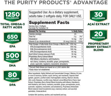 OmegaBerry Fish Oil with Vitamin D3 and Organic Acai 1250mg Concentrated Molecularly Distilled Ultra Pure Omega3 Fish Oil 500mg DHA 650mg EPA 60 Soft Gels 30 Day Supply from Purity Products