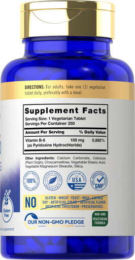 Carlyle Vitamin B6 100Mg | 250 Tablets | Vegetarian, Non-Gmo, Gluten Free