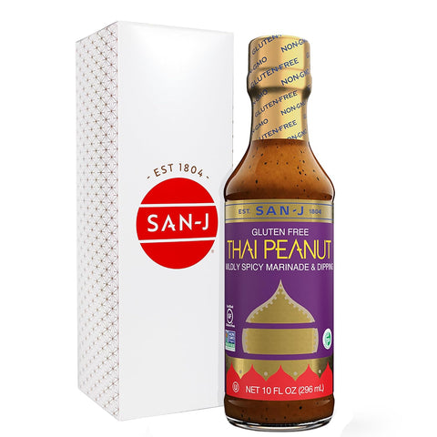 San-J - Spice of Life Variety Pack- Teriyaki, Orange Sauce, Szechuan, Thai Peanut - All Gluten Free Cooking Sauces - Non-GMO - 10 oz. Bottles - 4 Pack