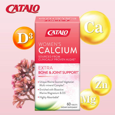 CATALO Womens Calcium Support Strong Bone and Delay Bone Loss Promote Joint Mobility 600mg Plant Based clinically Proven Algae Calcium per Serving with Vitamin D3 60 Tablets