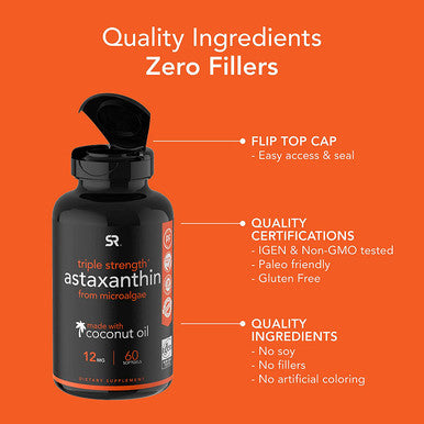 Triple Strength Astaxanthin 12mg with Organic Coconut Oil NonGMO Soy Gluten 60 Mini Softgels 2 Month Supply