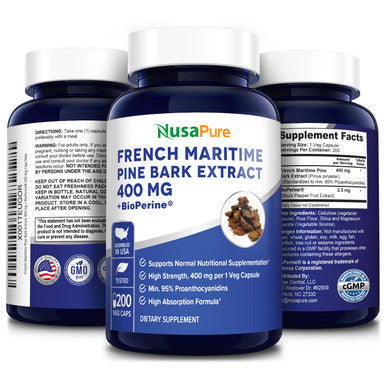 NusaPure French Maritime Pine Bark Extract 400mg per Veggie Caps 200-Day Supply with Bioperine (Non-GMO & )