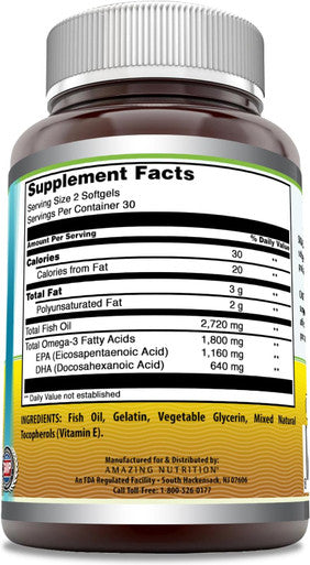 Amazing Nutrition Omega Triple Strength Fish Oil Supplement |1360 Mg Per Serving | 60 Softgels | Lemon Flavor | Non-GMO | Gluten | Made in USA