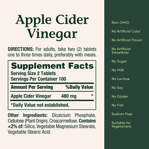 Nature's Bounty Apple Cider Vinegar 480mg, 200 Tablets
