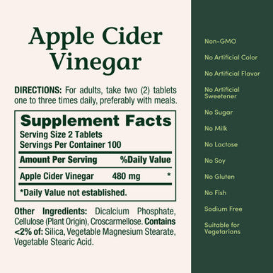 Nature's Bounty Apple Cider Vinegar Pills Vegetarian Supplement Plant Based 480Mg 200 Tablets