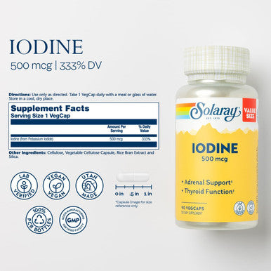 Solaray Iodine 500 Mcg, Iodine Supplement For Healthy Adrenal And Thyroid Support, Energy, Metabolism, And Focus, Potassium Iodide, Vegan, 60-Day Money-Back , 90 Servings, 90 Vegcaps