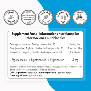 Supersmart LErgothioneine 5 mg Per Day Anti Inflammatory Antioxidant Supplement Immune Support Protect Mitochondria NonGMO 30 Vegetarian Capsules