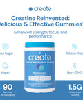 Create Creatine Monohydrate Gummies for Men & Women Boost Focus Strength and Endurance Anti-Melting Formula Vegan Gluten-Free Non-GMO 1.5g of Creatine per Gummy (Blue Raspberry 90 ct)