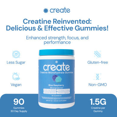Create Creatine Monohydrate Gummies for Men & Women Boost Focus Strength and Endurance Anti-Melting Formula Vegan Gluten-Free Non-GMO 1.5g of Creatine per Gummy (Blue Raspberry 90 ct)