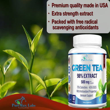 YUMMYVITE Green Tea Extract 98% - 3X Strength, 75% Polyphenol Catechins, 45% Egcg, Super Antioxidant - 60 Capsules