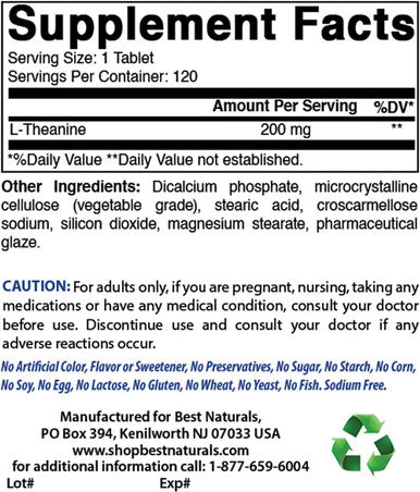 Best Naturals L-Theanine 200mg per Tablet (400mg per 2 Tablets) - Promotes Relaxation Without Drowsiness - 120 Vegetarian Tablets - (120 Count (Pack of 1))