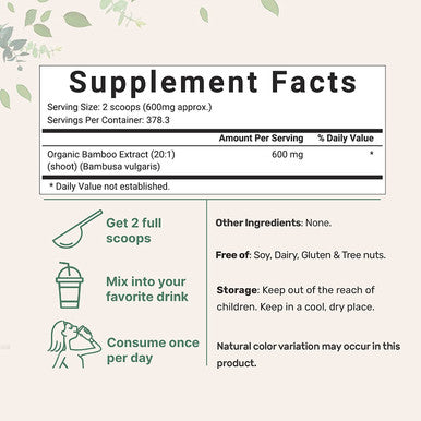 Organic Bamboo Extract Powder 8 Ounce 1 Year Supply Rich in Silica and Minerals Supports Healthy Skin Nail Hair Joints and Bones NonGMO and Vegan Friendly
