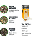 Tiesta Tea - Green Tea Starter Kit | Premium Loose Leaf Green Tea Set | Medium Caffeinated Tea | Make Hot or Iced Tea | Tea Assortment with 3 Loose Leaf Tea Samplers & 100 Disposable Tea Filters
