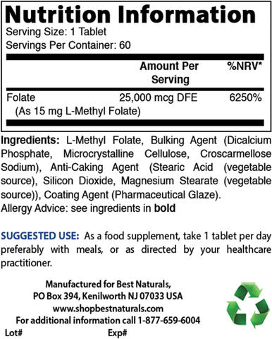 Best Naturals Methyl Folate 15000 mcg (15mg) (Most Bio-Available) 60 Tablets - Supports Cell Formation Growth Function Brain Memory Cardiovascular Health (60 Count (Pack of 1))