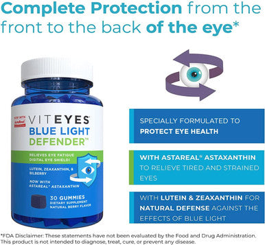 Viteyes Blue Light Defender Gummies with Astaxanthin Lutein Zeaxanthin Trusted Eye Care Brand Eye Health Supplement in Place of Blue Light Glasses 30 Ct Gummies 0.65 pounds