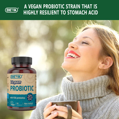 Deva Vegan Probiotic with FOS Prebiotics Supplement - 2 Billion CFU with 100 MG of Prebiotics Per Serving for Men & Women - Non-Dairy Gluten - Naturally Shelf Stable - 90 Capsules