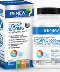 Renew Actives Maximum Strength L-Lysine 1000Mg Capsules W. Zinc & Vitamin C (Rare) - Collagen For Hair, Skin & Nails - Easy To Swallow & Vegan - Made In Canada