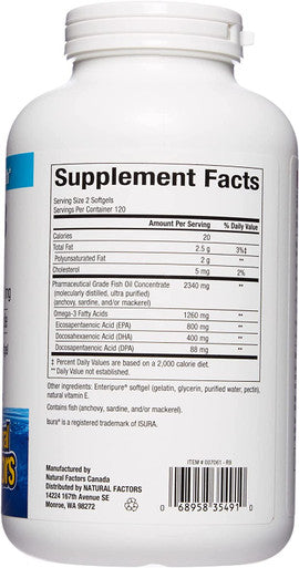 RxOmega3 by Natural Factors Natural Support for Cardiovascular Health with DHA and EPA Daily Dietary Supplement 240 Softgels