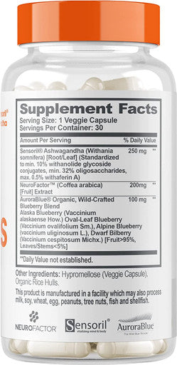 Genius Supplement w/ Ashwagandha Nootropic Brain Booster Memory Support w/ Blueberry Extract Natural Focus Energy Serotonin Calm Cortisol 30 Capsules