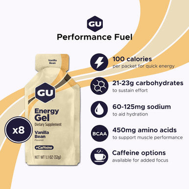 GU Energy Original Sports Nutrition Energy Gel Vegan and Dairy-Free On-the-Go Energy for Any Workout Vanilla Bean 8-Count